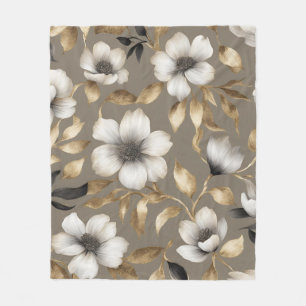 Light Brown Gold Black White Floral Fleece Blanket