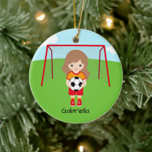 Light Brown Haired Soccer Girl Christmas Ceramic Ornament