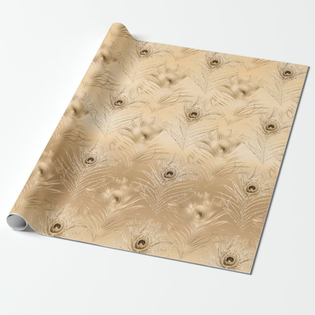 Light Brown Peacock Feather Deluxe Glamorous Wrapping Paper (Unrolled)