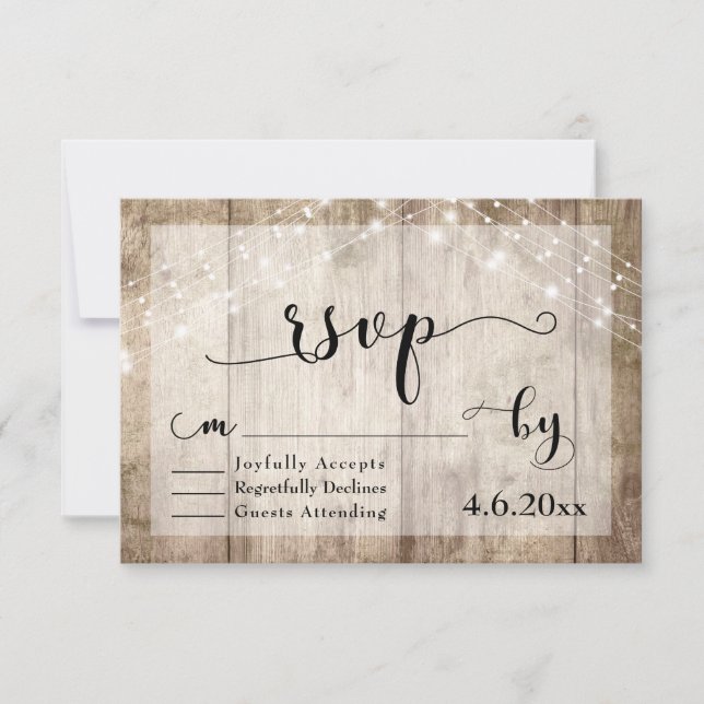 Light Brown Rustic Wood & Lights Wedding RSVP Card (Front)
