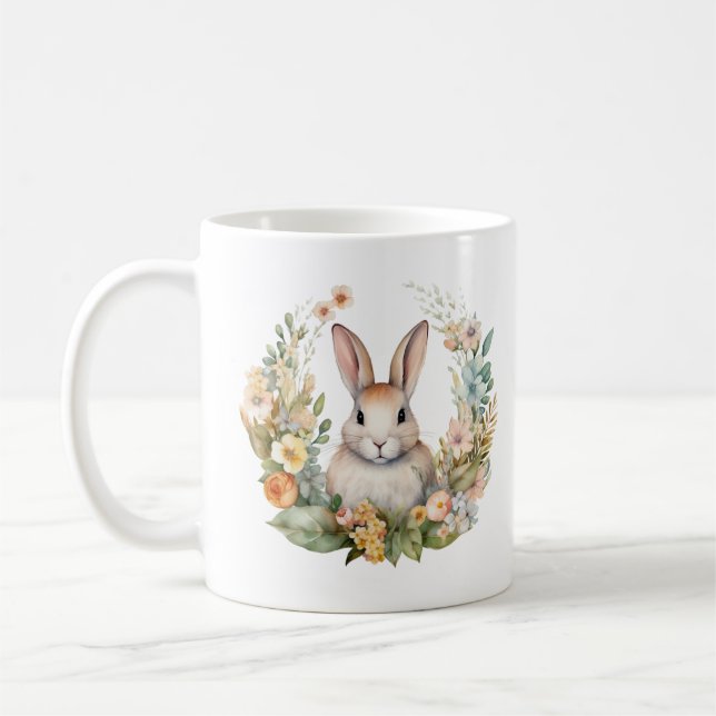 Light Brown/Tan Bunny Rabbit with Flowers  Coffee Mug (Left)