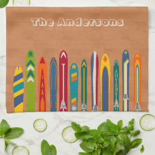 Light Brown Vintage Skis Personalized Tea Towel