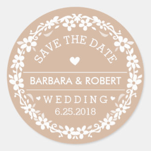 Light Brown & White Wedding Floral Save the Date Classic Round Sticker