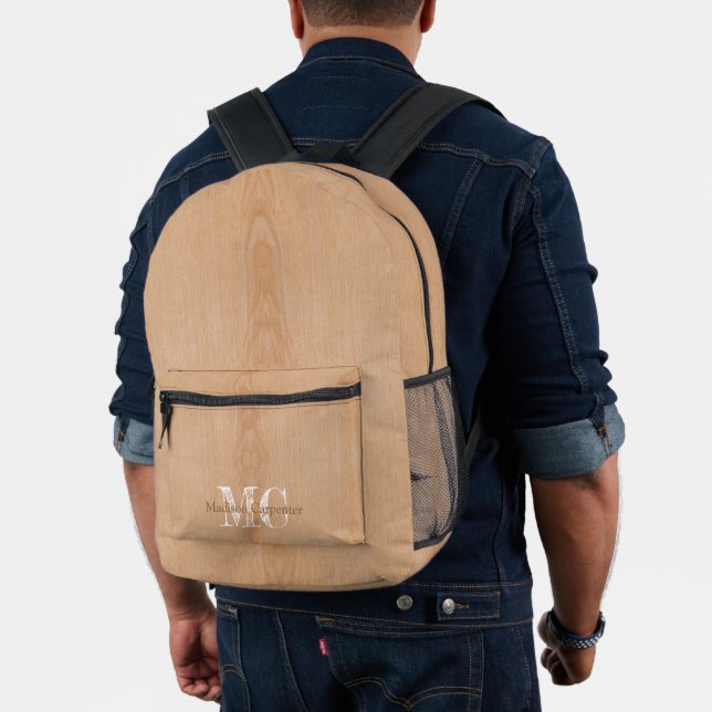 Light brown wood grain Carpenter Monogram name Printed Backpack (Insitu (Model))