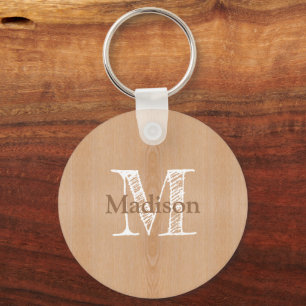 Light brown wood grain Custom Monogram Key Ring