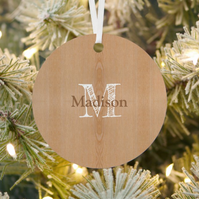 Light brown wood grain Custom Monogram Metal Tree Decoration (Insitu)