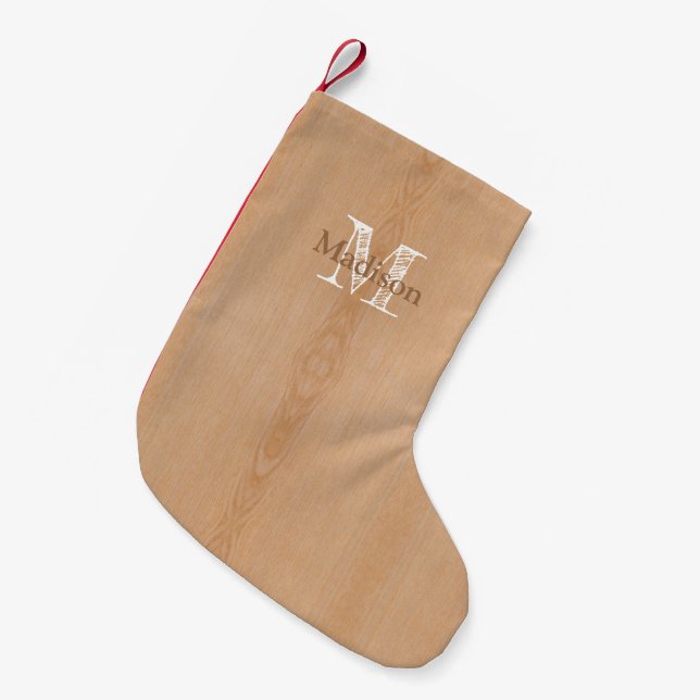 Light brown wood grain Custom Monogram Small Christmas Stocking (Front (Hanging))