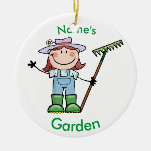 Light Brunette Girl Gardener in Overalls & Boots Ceramic Ornament