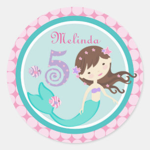Light Brunette Mermaid Age Five Birthday Sticker