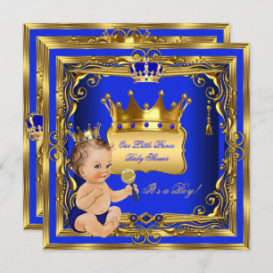 Light Brunette Prince Baby Shower Boy Blue Gold Invitation