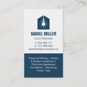 Light Bulb in House Logo Electrician Dark Blue Business Card