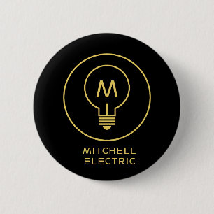 LIGHT BULB MONOGRAM LOGO on BLACK for ELECTRICANS 6 Cm Round Badge