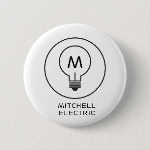 LIGHT BULB MONOGRAM LOGO on WHITE for ELECTRICANS 6 Cm Round Badge