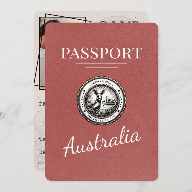Light Burgundy Australia Passport Save The Date (Front/Back)