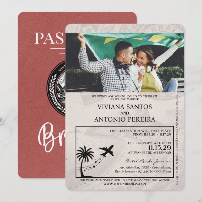 Light Burgundy Brazil Passport Wedding Invitation (Front/Back)
