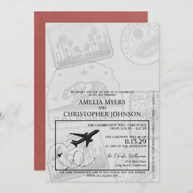 Light Burgundy California Passport Wedding Invitation (Front/Back)
