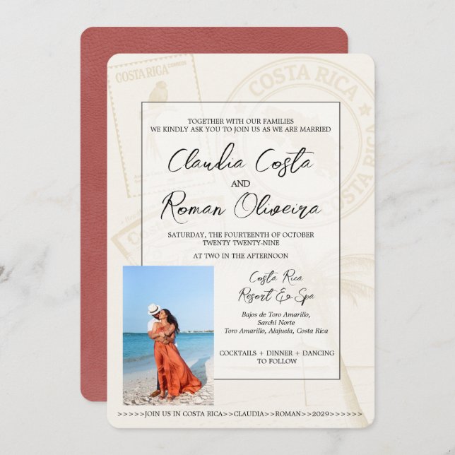 Light Burgundy Costa Rica Passport Wedding Invitation (Front/Back)