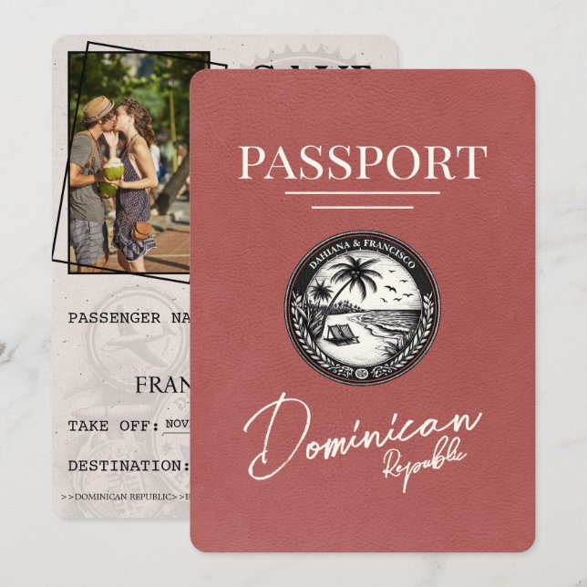 Light Burgundy Dominican Republic Passport Save The Date (Front/Back)