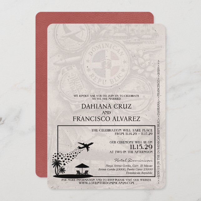 Light Burgundy Dominican Republic Passport Wedding Invitation (Front/Back)