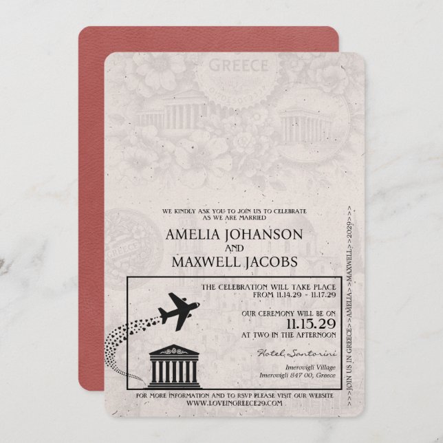 Light Burgundy Greece Passport Wedding Invitation (Front/Back)