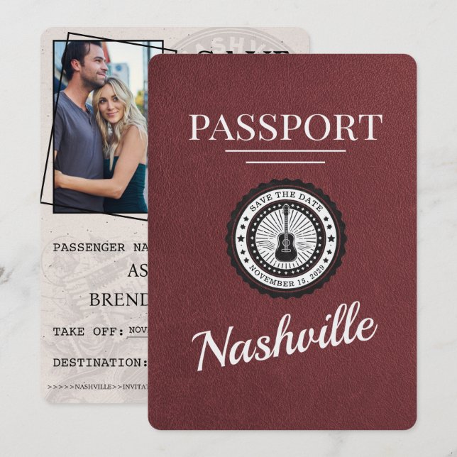 Light Burgundy Nashville Passport Save The Date (Front/Back)