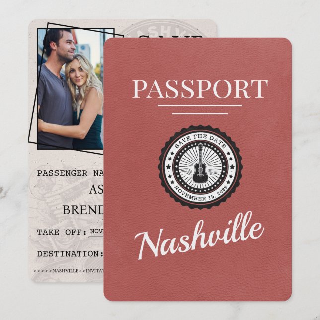 Light Burgundy Nashville Passport Save The Date (Front/Back)