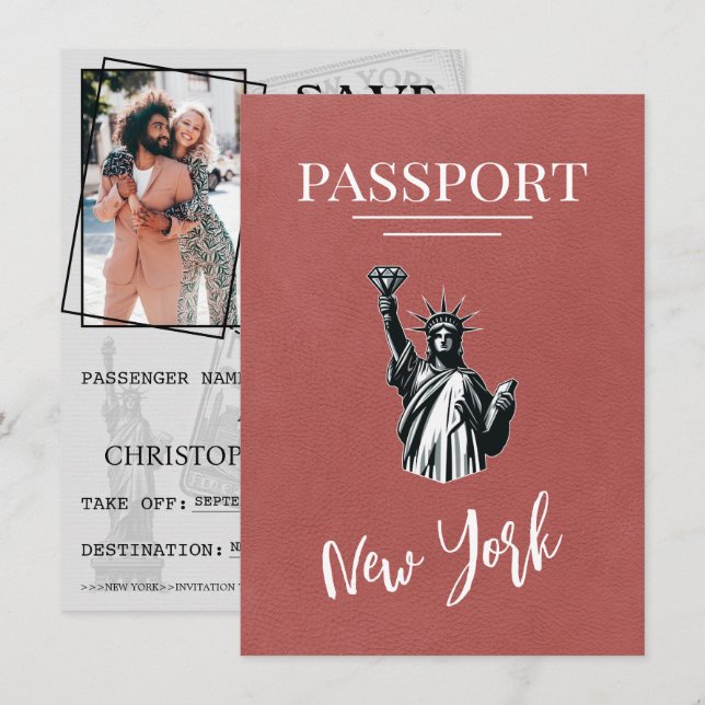 Light Burgundy New York City Passport Save The Date (Front/Back)