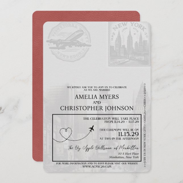 Light Burgundy New York City Passport Wedding Invitation (Front/Back)
