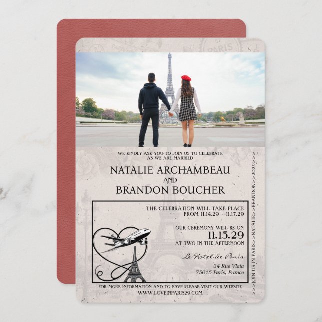Light Burgundy Paris Passport Wedding Invitation (Front/Back)