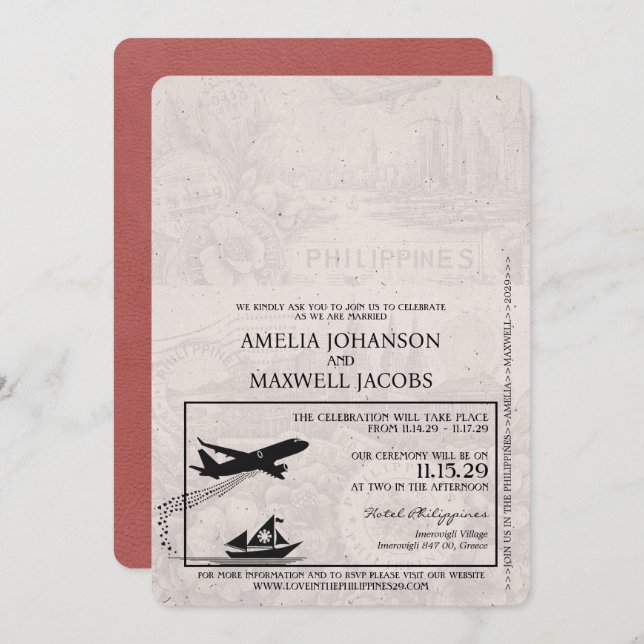 Light Burgundy Philippines Passport Wedding Invitation (Front/Back)
