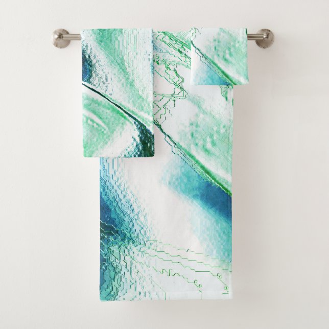 Light carved from matte metal, green to blue colou bath towel set (Insitu)