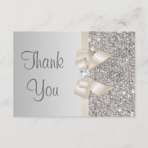 Light Champagne Bow Silver Sequins Thank You Card