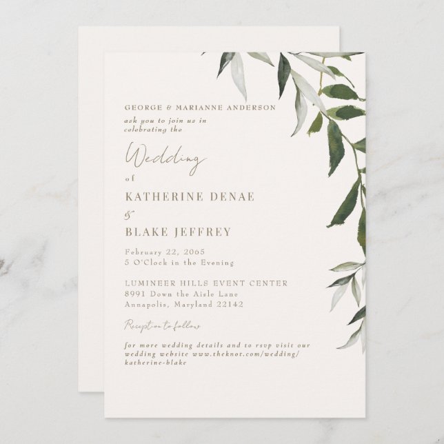 Light Champagne Greenery Gold Text Website Wedding Invitation (Front/Back)
