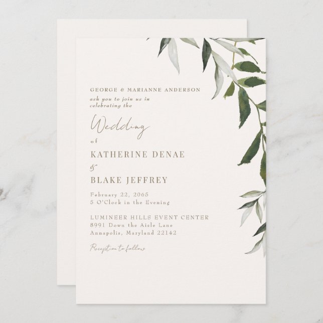 Light Champagne Greenery Gold Text Wedding Invitation (Front/Back)