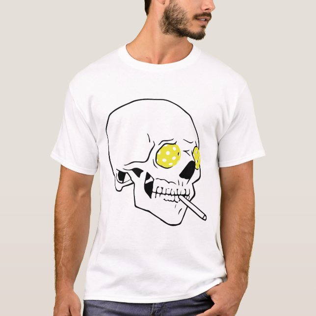 Light coloured T-Shirt with pickleball-eyed skull (Front)