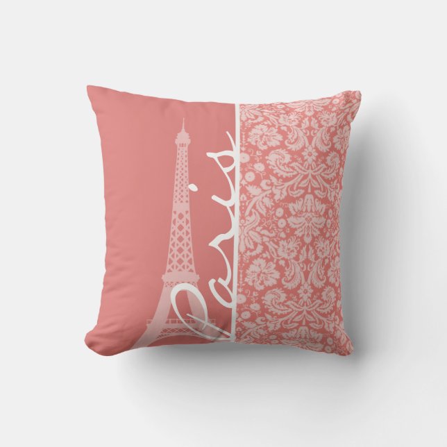 Light Coral Damask; Paris; Eiffel Tower Cushion (Front)