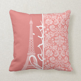 Light Coral Damask; Paris; Eiffel Tower Cushion