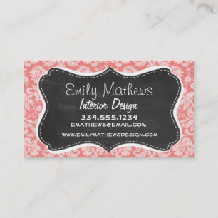 Light Coral Damask; Vintage Chalkboard look Business Card