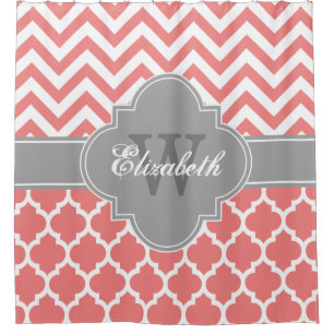 Light Coral Dk Grey Wht Moroccan #5 Chevron 1IQRN Shower Curtain