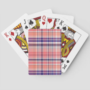 Light Coral, Navy Blue, White Preppy Madras Plaid Playing Cards