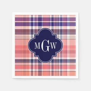 Light Coral Navy Wht Preppy Madras Monogram Napkin