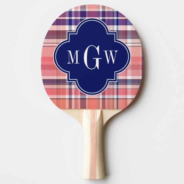 Light Coral Navy Wht Preppy Madras Monogram Ping Pong Paddle (Front)