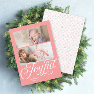 Light Coral Pink Cursive Joyful Holiday Photo Card