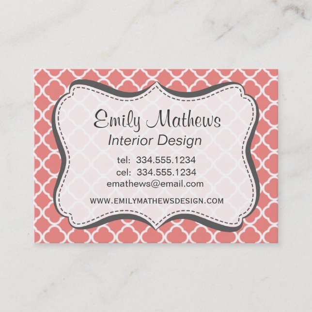 Light Coral Pink Moroccan Quatrefoil Business Card (Front)