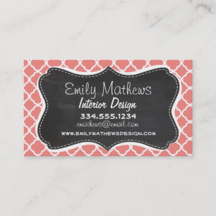 Light Coral Pink Moroccan Quatrefoil; Chalkboard Business Card