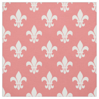 LIght Coral, White Fleur De Lis Pattern Fabric