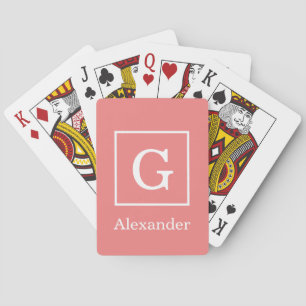 Light Coral White Framed Initial Monogram Playing Cards