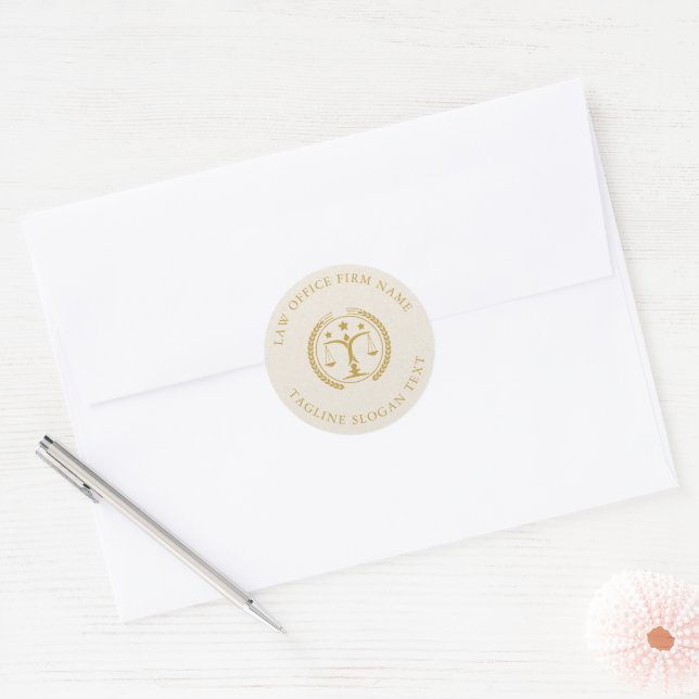 Light Cream Linen Texture Gold Logo Custom Text Classic Round Sticker (Envelope)