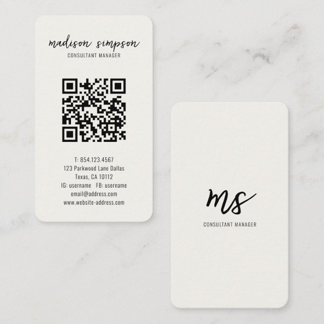 Light Cream Minimalist Modern Initial QR Code Business Card (Front/Back)