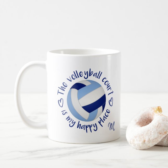 light dark blue volleyball court happy place coffee mug (With Donut)